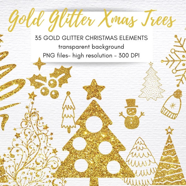 GOLD Glitter CHRISTMAS TREE, Instant Download, 35 transparent png, christmas Clipart, Glitter Christmas Clipart, Christmas card Holiday Art