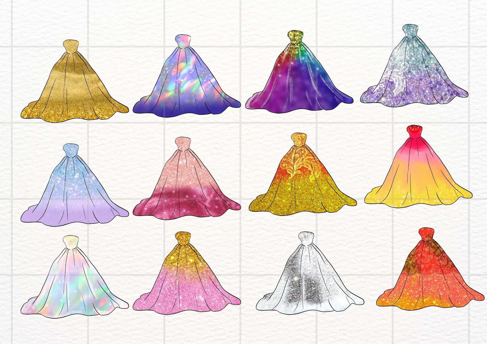 Glitter Dress Clipart, Instant Download, Watercolour Fashion Couture