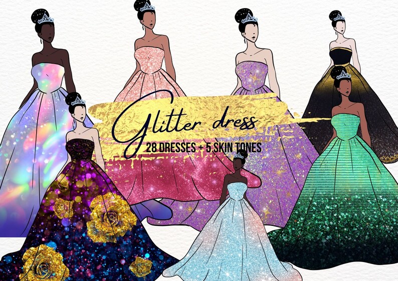 Glitter Dress Clipart, Instant Download, Watercolour Fashion Couture