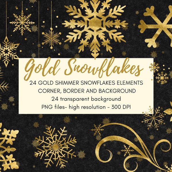 SNOWFLAKES GOLD  SHIMMER, Instant Download, 24 transparent png , Snow Clipart, Glitter overlay, Glitter Christmas Clipart,Christmas card