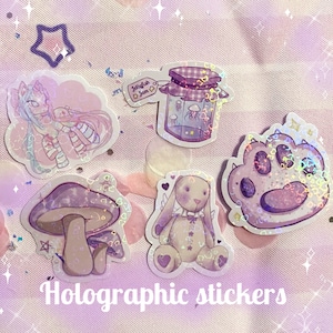 Adesivi olografici galassia cuori zampa gatto pony medusa marmellata coniglietto peluche fungo appiccicoso holo glitter 5cm adesivo stella computer lucido