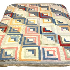 Quilt - Vintage Early 1900s Ohio Log Cabin Authentic Cotton Feed Sack 70 x 79