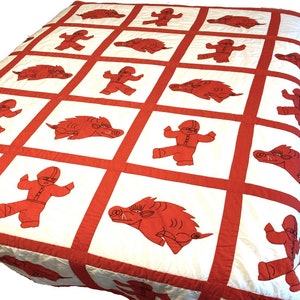 Quilt - Razorback Red and White Charming Hand Pieced Machine Top Stitched 82 x 92