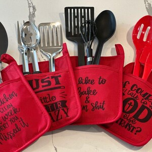 Potholder Gift Set with Witty Sayings and Three Kitchen Utensils - Housewarming, Birthday Unisex