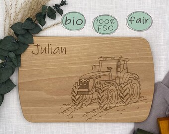 Frühstücksbrettchen mit Bienenwachspolitur, bio, fair, 100% FSC aus europäischem Buchenholz, Traktor, Trecker, Bauernhof Motiv