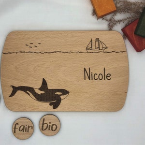 Breakfast board personalized, organic, orca, killer whale, wooden board with engraving, baby gift, birthday gift, baptism gift,