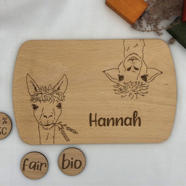 Frühstücksbrettchen personalisiert, bio, Lama, Alpaka, Holzbrett mit Gravur, Baby Geschenk, Geburtstagsgeschenk, Taufgeschenk, Einschulung