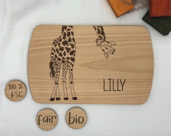 Frühstücksbrettchen für Kinder, personalisiert aus Holz, Kinderteller mit Giraffe, Holzbrettchen, Kindergeburtstag, Brotzeit