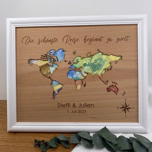 Personalized wedding gift with wedding date, text freely selectable, cash gift with world map, wedding gift image 1