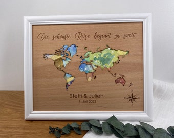 Personalized wedding gift with wedding date, text freely selectable, cash gift with world map, wedding gift
