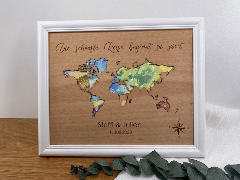 Personalized wedding gift with wedding date, text freely selectable, cash gift with world map, wedding gift image 1