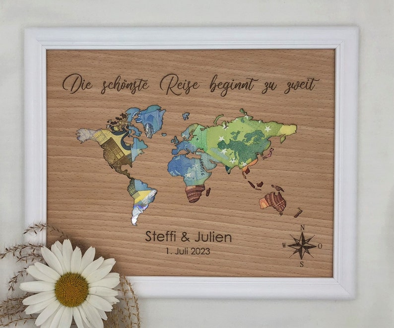 Personalized wedding gift with wedding date, text freely selectable, cash gift with world map, wedding gift image 6