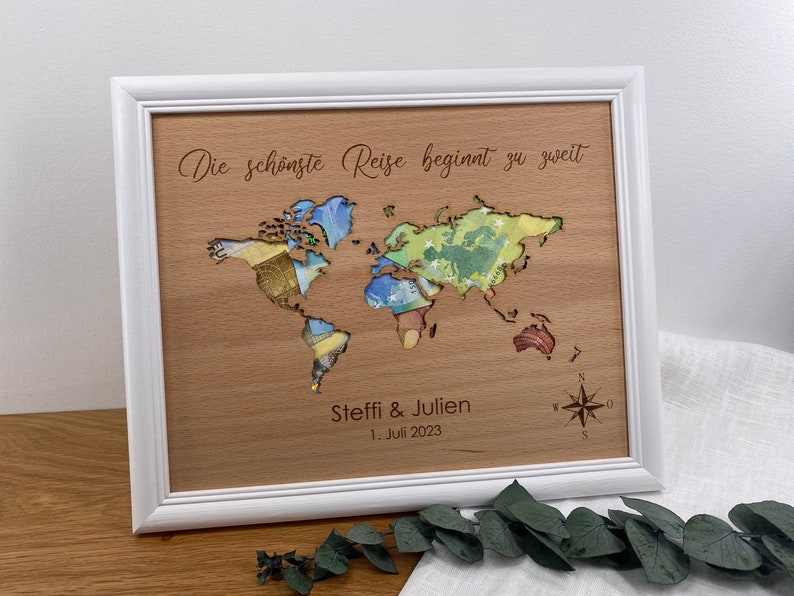 Personalized wedding gift with wedding date, text freely selectable, cash gift with world map, wedding gift image 2