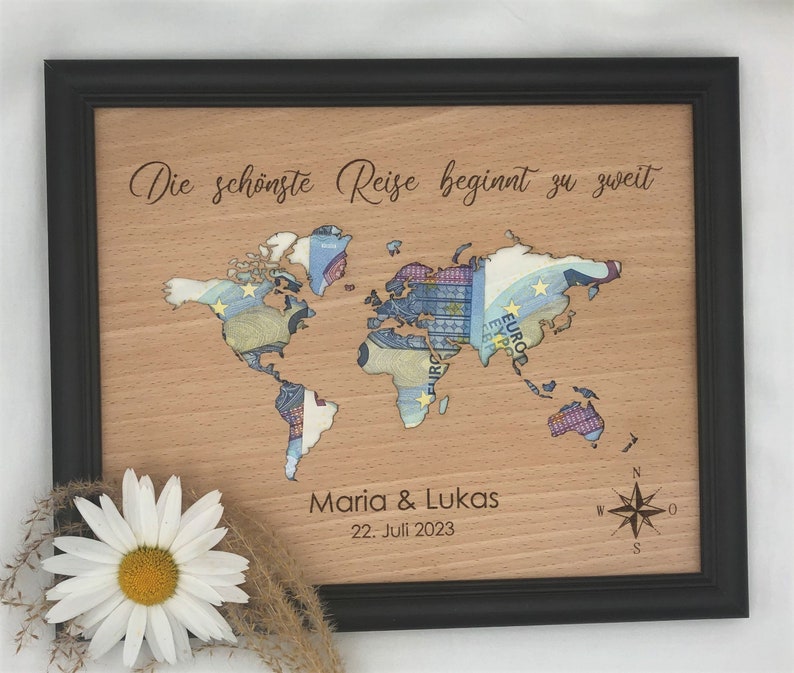 Personalized wedding gift with wedding date, text freely selectable, cash gift with world map, wedding gift image 7