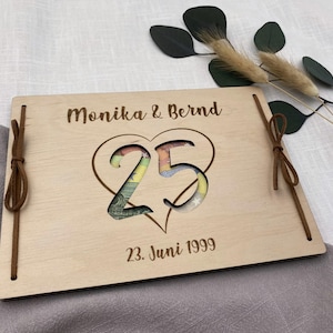Geldgeschenk personalisiert zur Silberhochzeit mit Herz und der 25, Jubiläum, personalisiert mit Hochzeitsdatum, Holzkarte als Geldgeschenk
