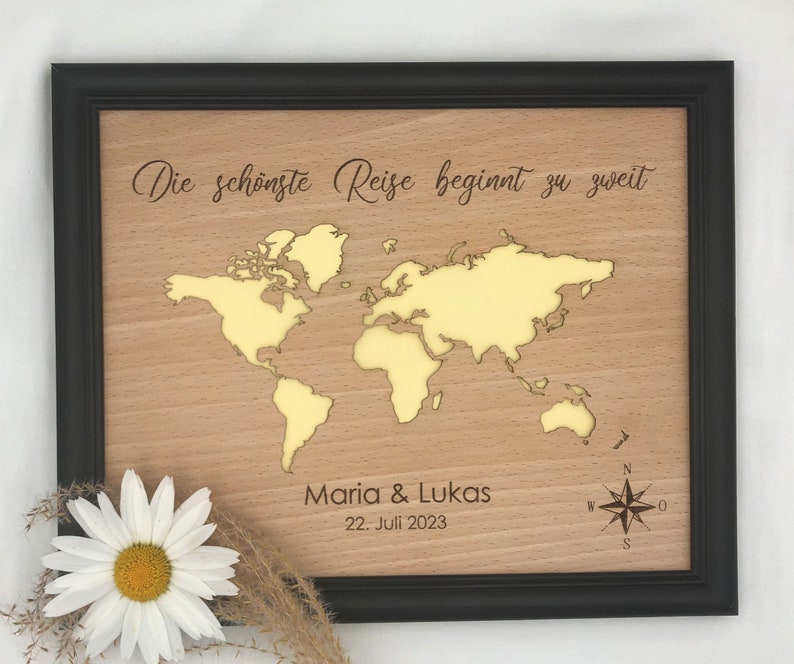 Personalized wedding gift with wedding date, text freely selectable, cash gift with world map, wedding gift image 8