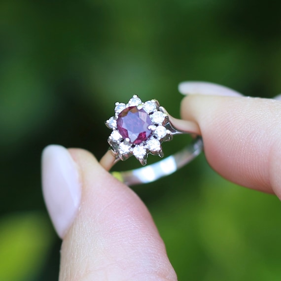 Vintage Natural Ruby and Diamond Halo, 18ct White… - image 2