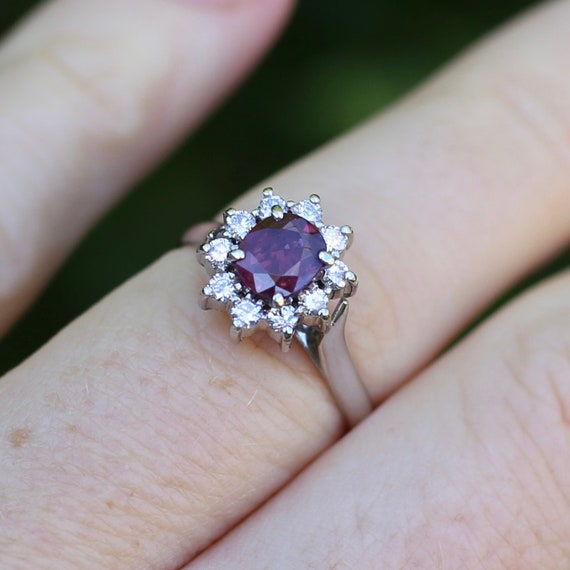 Vintage Natural Ruby and Diamond Halo, 18ct White… - image 3