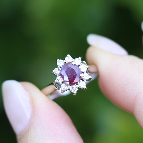 Vintage Natural Ruby and Diamond Halo, 18ct White… - image 1