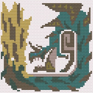 以下が含まれることがあります： 緑色のドラゴンが炎を吐いているクロスステッチパターン。ドラゴンは茶色と黄色のアクセントで、左を向いていて、獰猛な表情をしています。