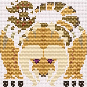 May include: Cross-stitch pattern of a brown and white animal with purple eyes. The animal is surrounded by a brown and green leafy design.