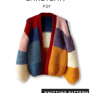 May include: A bulky colorblock cardigan in a PDF knitting pattern. The open front sweater features stripes of red, blue, pink, purple, orange, and cream. The text "BULKY COLORBLOCK CARDIGAN PDF" and "KNITTING PATTERN ADJUSTABLE" are visible.
