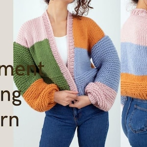 May include: A colour-block cardigan in shades of pink, green, orange, and blue. The open-front sweater has a patchwork design. The image includes the text "PDF document knitting pattern" on the left side.
