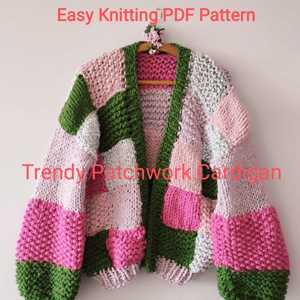 Knitting PDF pattern, patchwork cardigan, easy pattern,  colorful cardigan, trendy cardigan, back to school gifts,  cardigan for women gifts