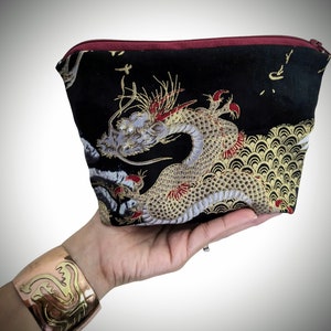 Asian Dragon and Crane Zippered Black Pouch