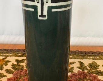 Vintage Hand Painted Bavaria Green & Brown Cylinder Vase Artist Signed AR