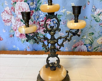 Vintage Brass And Stone Three (3) Arm Candelabra