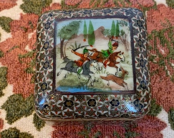 Vintage Persian Khatam Small Wood Hand Painted Hinged Lid Trinket Box