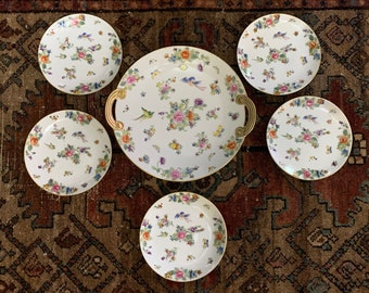Vintage Hand Painted Nippon Dessert Set (Cake Plate And Five (5) Dessert Dishes) Decorated With Birds Butterflies & Flowers