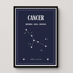 Cáncer Star Map Navy Impresión digital / Cartel de signos astrológicos / Decoración del dormitorio celestial / Idea única de regalo de cáncer
