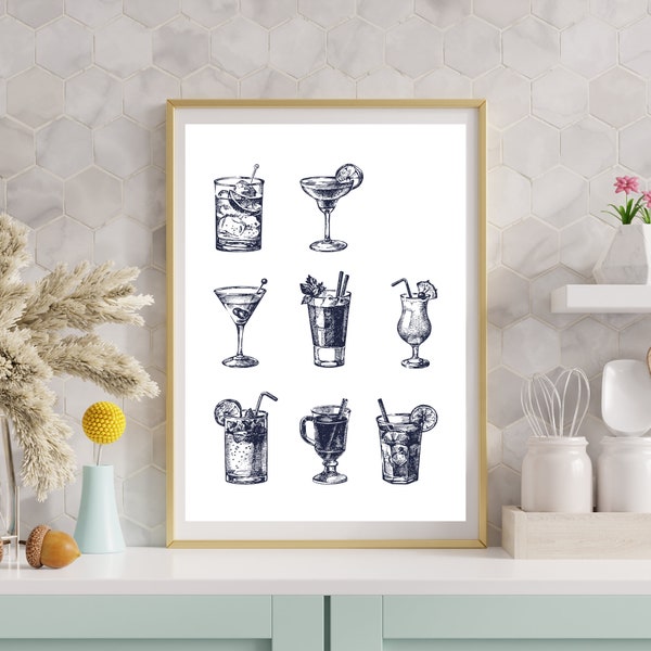 Cocktail Collection Poster | Instant Download Art for Bar Cart | Kitchen Wall Decor | Mixologist Gift Idea