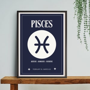 Piscis Star Sign Navy Impresión digital / Cartel de signos astrológicos / Decoración del dormitorio celestial / Idea única de regalo de Piscis