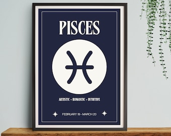 Pisces Star Sign Navy Art Print | Celestial Decor (Digital Download)