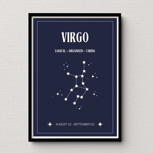 Virgo Star Map Navy Impresión digital / Cartel de signos astrológicos / Decoración del dormitorio celestial / Idea única de regalo de Virgo