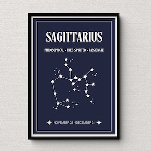 Sagitario Star Map Navy Impresión digital / Cartel de signos astrológicos / Decoración del dormitorio celestial / Idea única de regalo de Sagitario