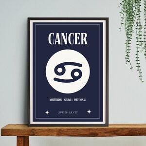 Cáncer estrella signo azul marino impresión digital / cartel de signo astrológico / decoración del dormitorio celestial / idea única de regalo de cáncer