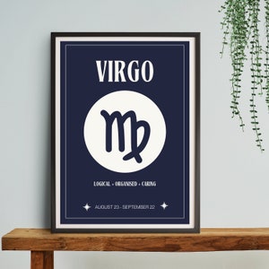 Virgo Star Sign Navy Impresión digital / Cartel de signos astrológicos / Decoración del dormitorio celestial / Idea única de regalo de Virgo