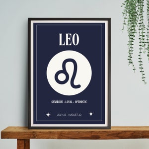 Leo Star Sign Navy Impresión digital / Cartel de signos astrológicos / Decoración del dormitorio celestial / Idea única de regalo Leo