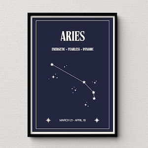 Aries Star Map Navy Impresión digital / Cartel de signos astrológicos / Decoración del dormitorio celestial / Idea de regalo única de Aries