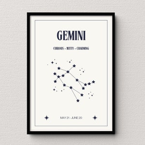 Gemini Sternkarte creme Digitaldruck | Sternzeichen Poster | Himmlische Schlafzimmer Dekor | Ausgefallene Zwillinge Geschenkidee