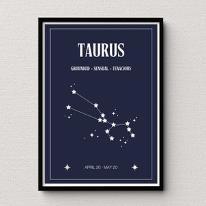 Taurus Star Map Navy Impresión digital / Cartel de signos astrológicos / Decoración del dormitorio celestial / Idea única de regalo de Tauro
