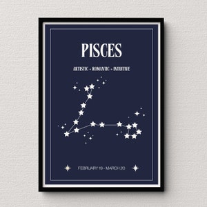 Piscis Star Map Navy Impresión digital / Cartel de signos astrológicos / Decoración del dormitorio celestial / Idea única de regalo de Piscis