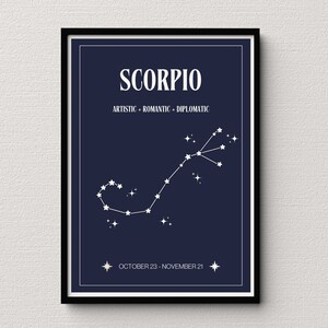 Escorpio Star Map Navy Impresión digital / Cartel de signos astrológicos / Decoración del dormitorio celestial / Idea única de regalo de Escorpio