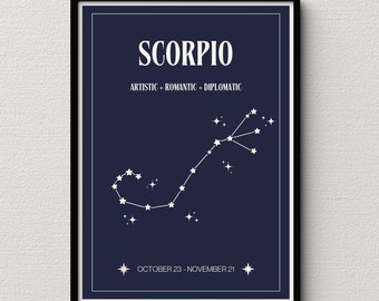 Mapa estelar de Escorpio en azul marino / Arte de astrología celestial (descarga digital)