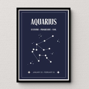 Acuario Star Map Navy Impresión digital / Cartel de signos astrológicos / Decoración del dormitorio celestial / Idea única de regalo de Acuario