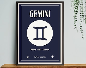 Gemini Star Sign Navy Print | Astrological Bedroom Decor (Digital Download)